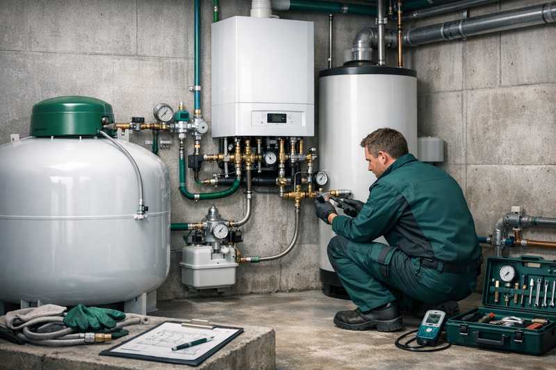 Fachmann arbeitet an einer Heizungs- und Gasinstallation