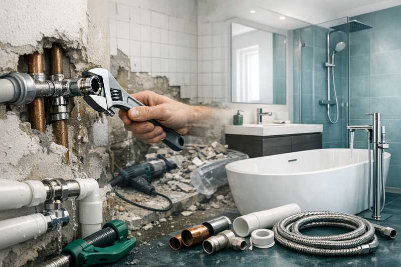 Sanitärinstallation im Badezimmer während einer Modernisierung